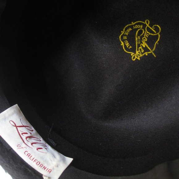 Vintage l 60s Lilli of California Black Faux Fur Double Satin Ribbon Bow Mod Hat - Picture 5 of 7